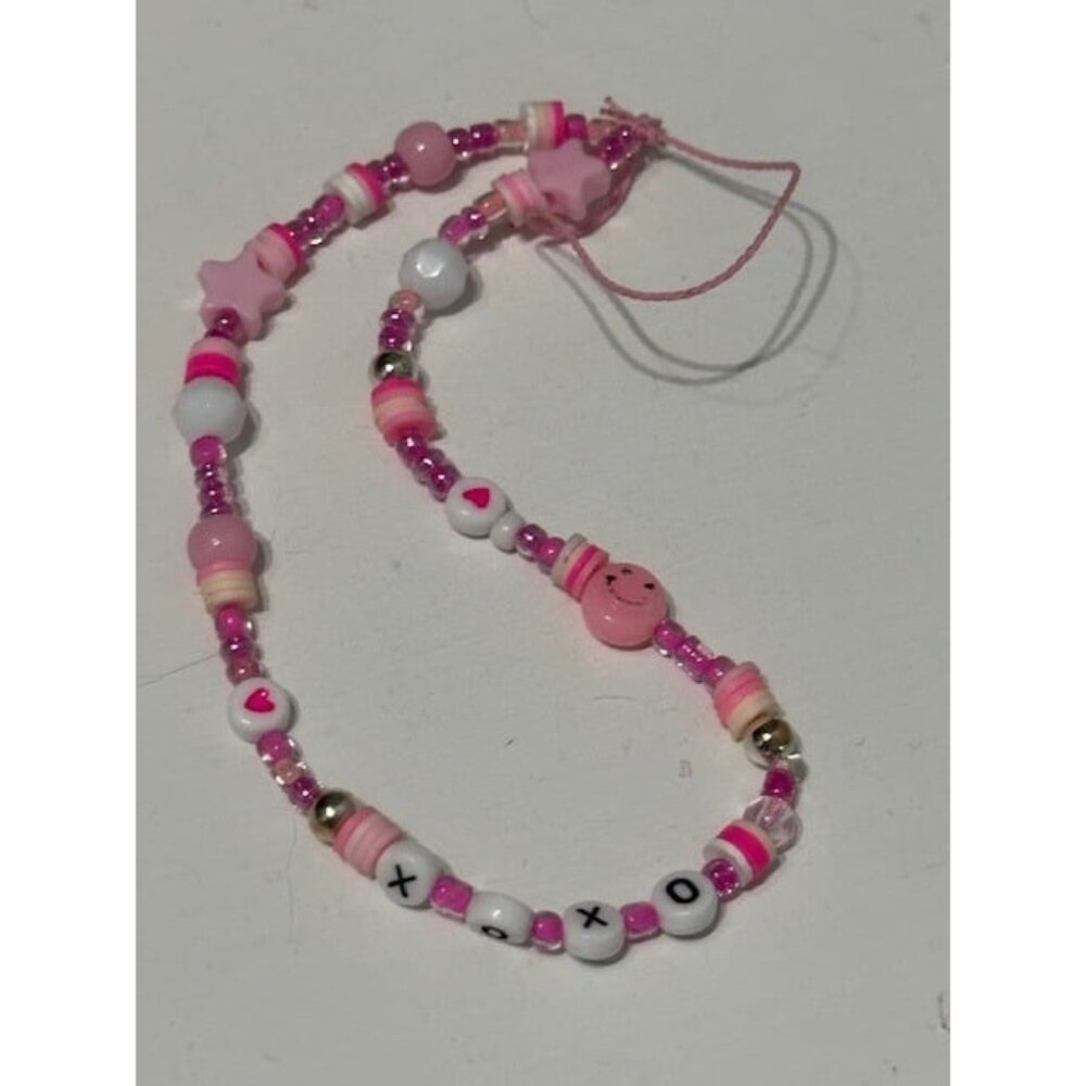 Beaded Cell Phone Charm Strap Pink Hearts XOXO White Stars Handmade Holder New